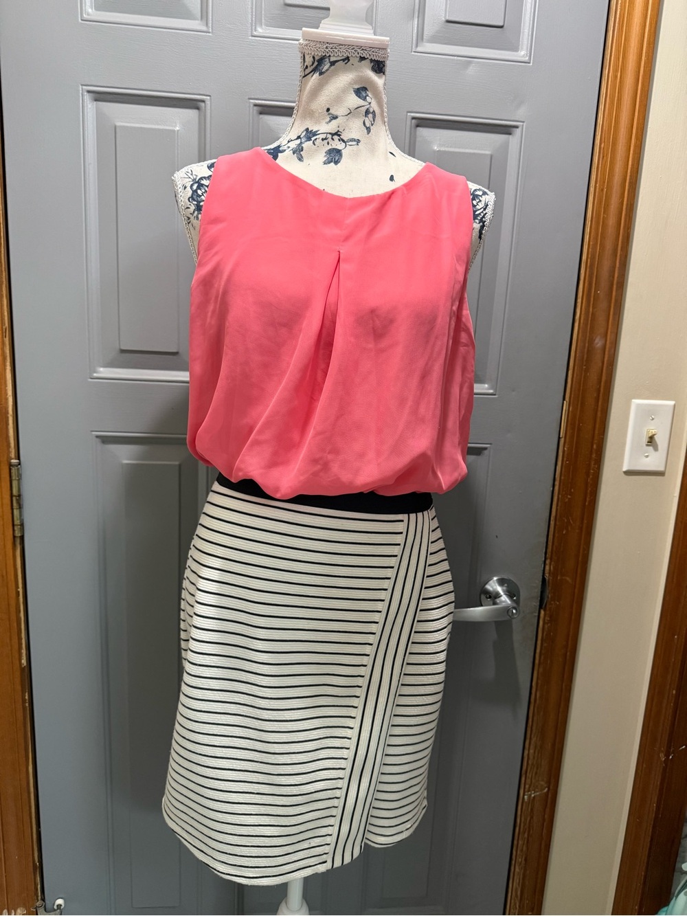 Coral and black/white stripe dress, cutout back design (large)